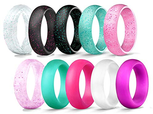 JewelryWe Women Silicone Ring,Pack of 10 Glitter Silicone Breathable Wedding Band Anniversary Promise Rings