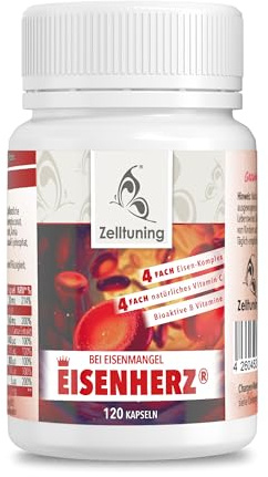 Eisen Hochdosiert Zelltuning EISENHERZ® Eisen Vitamin C Komplex Vegan mit Folsäure & Vitamin B - B2, B6, B12 & Vitamin A. Nahrungsergänzungsmittel Ohne Zusatzstoffe in Deutschland produziert
