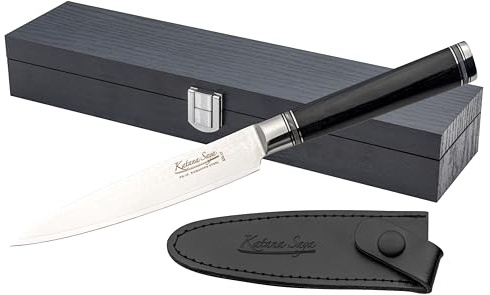 Katana Saya Pakkawood 12cm Utility Knife, Kitchen Knife, Japanese VG-10 Damascus Stainless Steel, Black Pakkawood Handle, Japanese Style