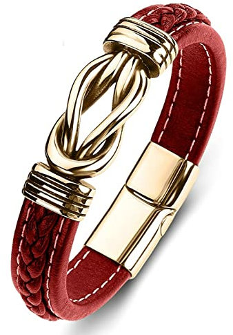 KnSam Geschenk Für Männer - Bettelarmband Charm, PU Leder Armbänder Personalisiert Knot Edelstahl Armschmuck Gold Rot mit Magnet Verschluss, Länge 16.5CM