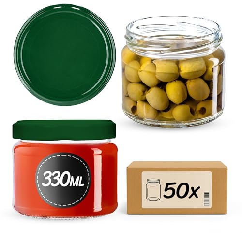 KADAX 50er Set Marmeladengläser 330ml TO82 Grün, Einmachgläser Vorratsgläser Mason Jar mit Schraubdeckel, Luftdichte Schraubgläser, Honig & Konfitüre