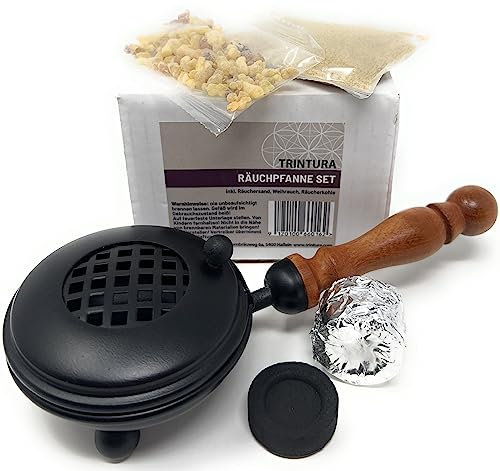 TRINTURA Räucherpfanne Set - Räuchergefäß zum Räuchern von Weihrauch, Harzen, inkl. Weihrauch, Räucherkohle, Räuchersand (Set 4tlg schwarz)