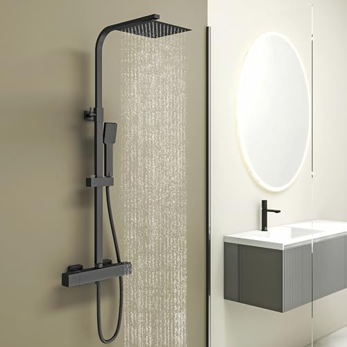 HAPAOSO Colonne de douche thermostatique, hauteur réglable, en acier inoxydable noir avec robinet thermostatique pour salle de bain
