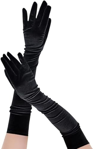 LSUWDE Long Black Satin Evening Elbow Bridal Gloves - 1 Pair, 1920s Style for Wedding Prom