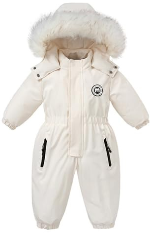 Acuryx Tuta da Neve da Bambino Inverno Tuta da Sci Pagliaccetto Fodera in Pile Ragazzo Ragazza con Cappuccio Neonato Cappotto Vestiti Cerniera Antivento Bianco 12-18 Mesi