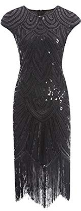 MIMIKRY 20er Jahre Charleston Kleid Pailletten Fransen Flapper Gatsby 20's Fransenkleid Damen-Kostüm, Farbe:Schwarz/Schwarz, Größe:XS