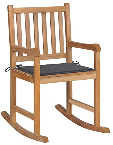 GuyAna Schaukelstuhl mit Anthrazit Kissen Massivholz Teak Lesesessel Bequem Schaukelstuhl Kinder