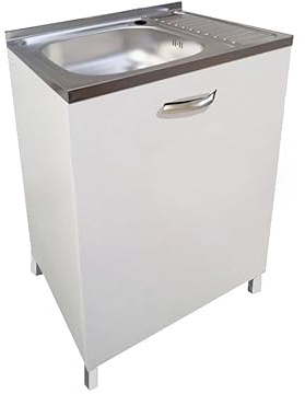 MABEL Mueble bajo fregadero de cocina blanco con 1 puerta, organizador de madera ennoblecida con fregadero de apoyo de acero, mueble de cocina fácil de montar – L 60 cm x P 50 cm x H 80,5 cm