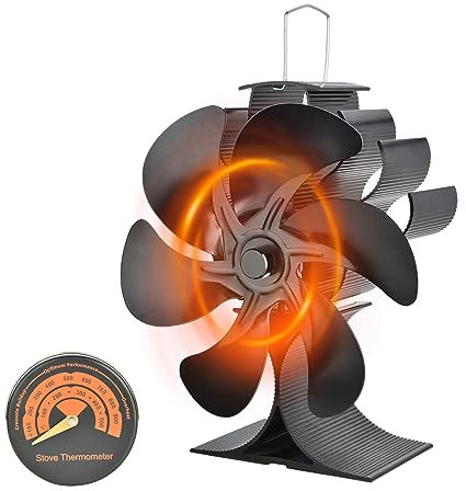 Solace Ventilatore per stufa a legna, ventilatore per camino a 6 foglie, ventilatore per bruciatore a legna ecologico e a risparmio energetico, funzionamento silenzioso, con termometro