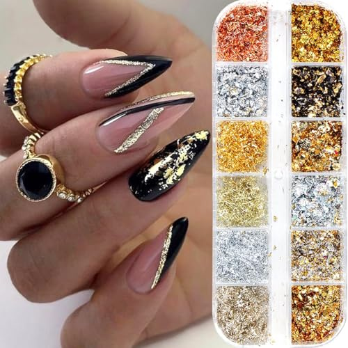 Yamobi bladguld nagel paljetter glitter, 12 lådor nagelguldfolie för naglar dekoration, gör-det-själv nagelkonst och pudernagelglitter, gör-det-själv-manikyr-berlocker dekorationer