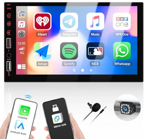 Double Din Wireless Carplay Android Car Stereo, 7 Inch IPS Touchscreen Car Audio Receiver with Bluetooth Hands-Free System, Mirror Link, FM Car Radio, Reversing Camera, EQ, USB/AUX in/SWC