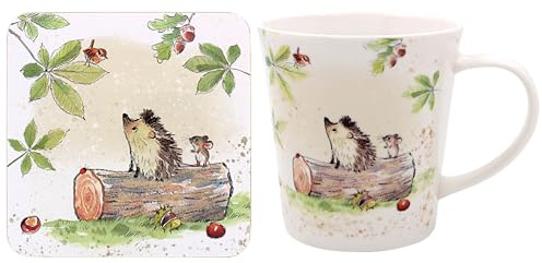 The Leonardo Collection Taza de papel con diseño de erizo y ratón con posavasos para el hogar y la cocina, elegantes tazas de cerámica para té y café, bonito juego de tazas para hombres y regalos de