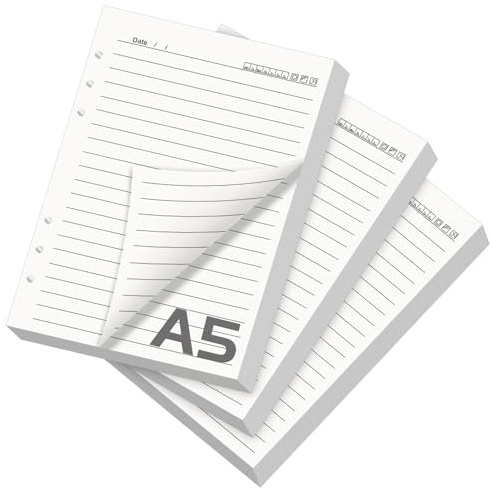 3 Packungen A5 Nachfüllpapier Liniert, Nachfüllbar Notizpapier 180 Blätter 6 Löcher A5 Papier Nachfüllbare Refill Ringbucheinlagen für A5 Notizbuch, Tagbuch, Skizze, Malerei
