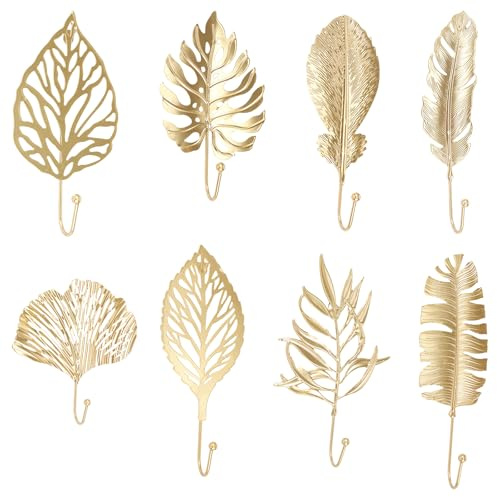 harupink Wandhaken,8 Stück Gold Blätter Kleiderhaken,Ohne Bohren,Rostschutzbeschichtung,Metall Dekorative Wandhaken,Multifunktionshaken für Küche,Badezimmer,Büro