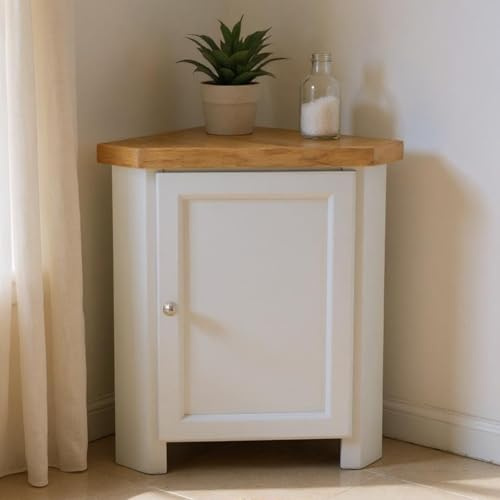 GROF Möbel-Eckschrank mit klobigen Beinen, grau lackiert, niedrige Eckaufbewahrung, Schrank aus massiver Eiche, für Wohnzimmer, Bad und Flur, komplett montiert