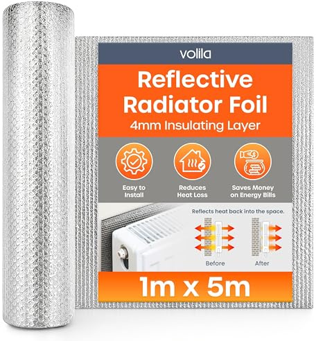 Radiator Foil Insulation Roll 1m x 5m - 1 Pack Radiator Reflector Panels for Enhance Heat Efficiency - Energy Saving Radiator Heat Deflector for Home Heating