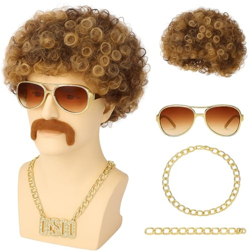 Balinco Afro-Set – Lockige Perücke mit Schnurrbart Brille & Halskette | Komplettes Party-Kostüm für Karneval Fasching Halloween & Cosplay | Unisex Verkleidung für Erwachsene & Kinder