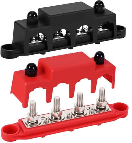12V - 48V DC 250 Amp Power Distribution Block Bus Bar Terminal Block, 4 x M8 Terminal Studs with Cover and Ring Terminals with Cover, Power Rail for Car, RV, Boat, Marine, Yachts (Red+Black)