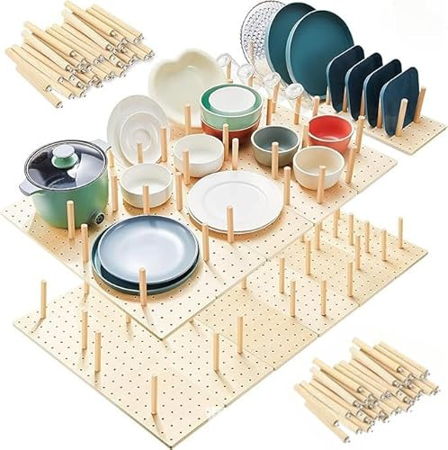 12 organizadores de cajones de madera con 96 clavijas, sistema modular ajustable para cajones de cocina, armarios y estantes, almacenamiento personalizable para platos, cuencos, utensilios y