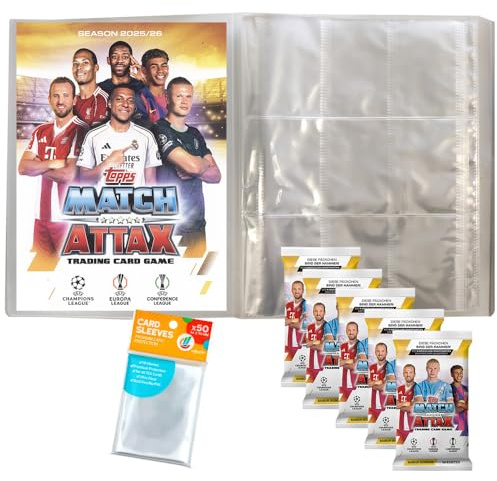 Bundle mit Topps - Match Attax Champions League 2025/26 - Trading Cards - 1 Leere Sammelmappe + 5 Booster + Exklusive Collect-it Hüllen