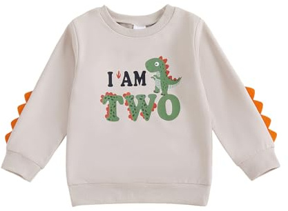 XIXIMAON Two Year Old Birthday Sweatshirt Baby Boys Girls Letter Dinosaur Print Crew Neck Long Sleeve Pullover Toddler Baby 2nd Birthday Jumper Fall Infants Clothes (Khaki, 18-24 Months)