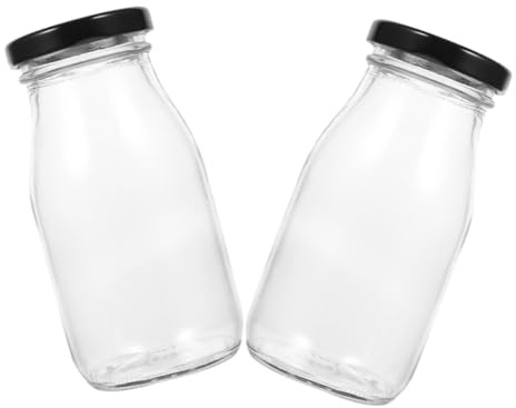 TOGEVAL Botellas de Vidrio Reutilizables para Leche y Jugos 200 Ml con Tapa de Rosca Metálica, 2 Piezas, Envases para Almacenar Líquidos y Yogur, Ideales para Uso Doméstico y Conservación