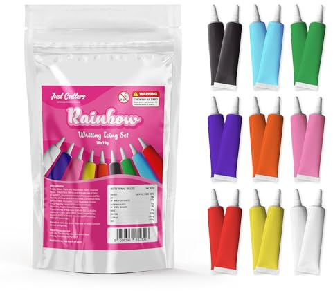 JUST CUTTERS Ready to Use Writing Icing Tubes, 342g Net Weight (18 x 19g), Instant Icing Pens for Cakes, Biscuits & Baking (Multi Coloured - 18 pack)