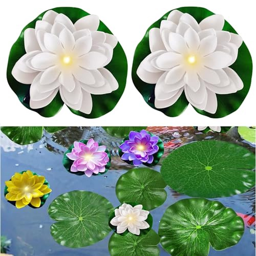 GZWY Schwimmende Lotuslichter, 2er Solar Schwimmende Seerosen für Teich (I) | Teich Deko Garten Lotusblüte Künstlich Nachtlampe, Lotusblüte Lotusblatt Teichlicht für Garten Schwimmbad Miniteich Deko