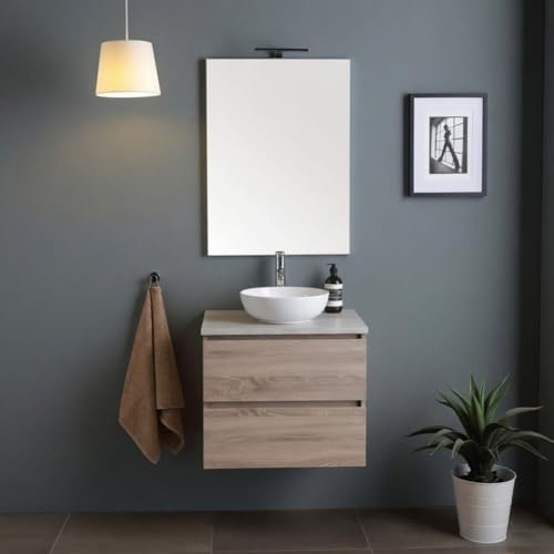 Kiamami Valentina Mobile Bagno Sospeso 60 Cm Rovere Top Beton Specchio | 2 cassetti, base rovere, mensola effetto cemento, specchio 60x80 cm con lampada led, già assemblato
