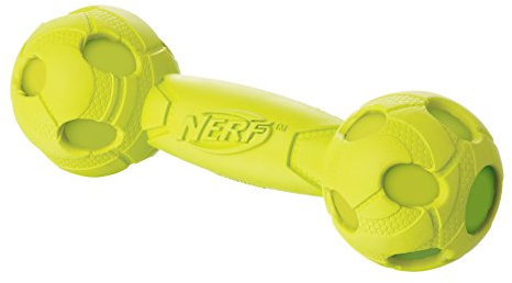 Nerf Dog Hundespielzeug Squeak Barbell, Hantel mit Quietscher, farblich sortierte Lieferung grün oder rot, 17,6cm