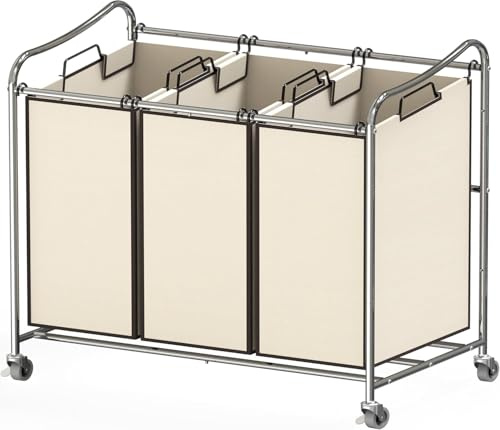 Simple Houseware Heavy Duty 3-Bag Laundry Sorter Rolling Cart, Chrome