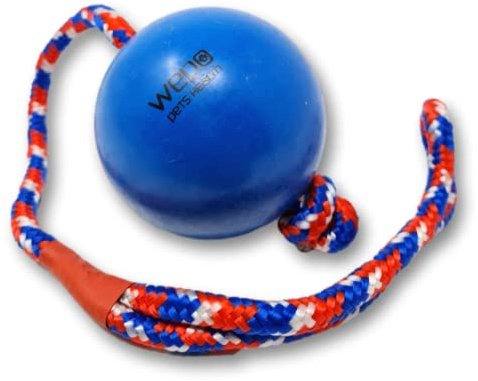 WEPO Hundeball mit Schnur Blau Ø 8cm - Für Zerr- & Apportierspiele | Hundespielzeug Wurfball - Zerrspielzeug Hund - Hunde Zubehör große Hunde aus Naturgummi