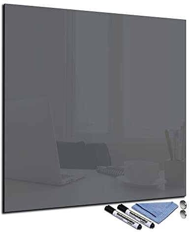 Glas-Magnettafel 60x60 cm Whiteboard Wand Beschreibbar Quadratisch Magnetisch Küche Office Büro mit Zubehör Wochenplaner Abwischbar Deko Memoboard Tafel Grau