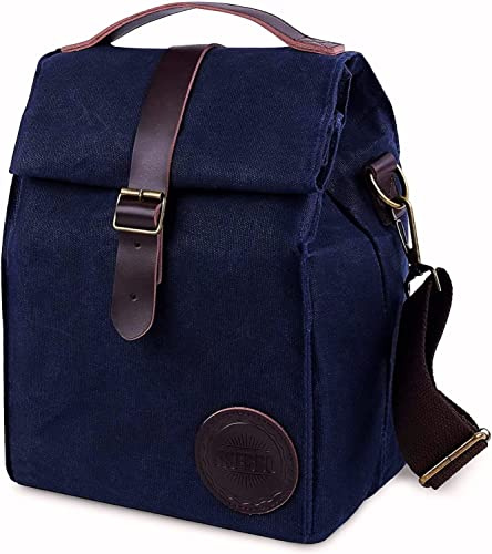 ASEBBO Isolierte Gewachste Leinen-Lunch Tasche 10 L Lunchbox für Damen, Herren mit echtem Ledergriff und starkem Schnallenverschluss (Blau) | Gewachstes Canvas, Verstellbarer 150 cm Schultergurt, Doppelte Ledergriffe, Auslaufsicher, Über 4 Stunden Isolierung, Blau