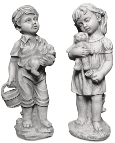 gartendekoparadies.de Figure de Pierre Massive garçon et Fille avec Animaux Figure d’Enfant en Pierre reconstituée, résistant au Gel