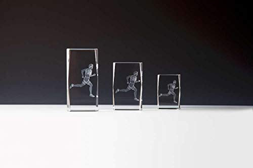 Henecka Leichtathletik-Pokal, Glastrophäe 3D-Lasermotiv Läufer, Kristallglas, mit Blauer Geschenkbox, Größe 8 cm