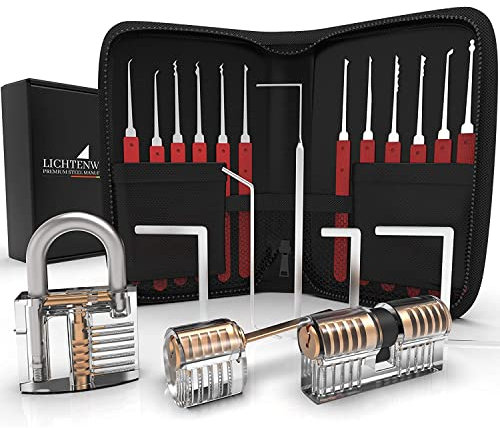 LICHTENWERK® Lockpicking Set con Istruzioni [24 pezzi] | Set con 3 Chiusure Trasparenti per Esercizi | Lock Picking Kit per Principianti e Professionisti con Tutte le Serrature | Rosso