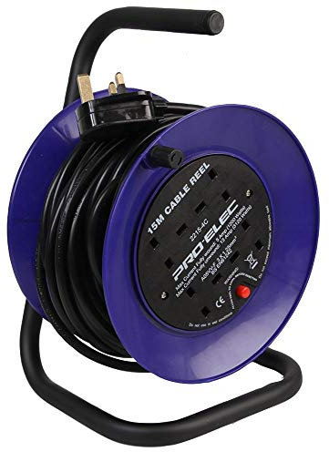 PRO ELEC PEL01275 4-Gang Mini Cable Reel Mains Extension, Black/Blue, 15m