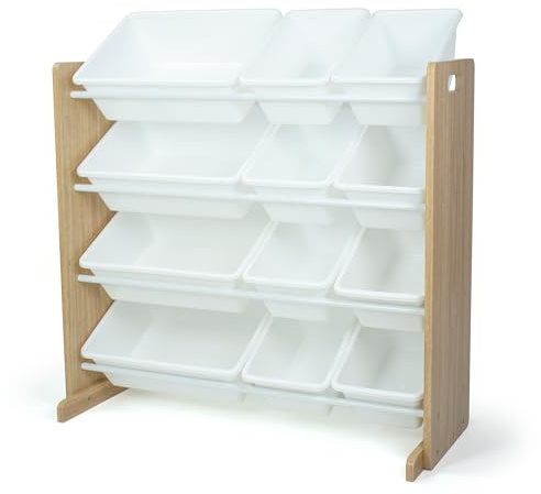 Humble Crew Wooden Toy Storage Organiser for Children & Toddlers, & Toddlers, with 12 BPA Free Plastic Removable Storage Bins, Ideal for Storing Toys, Games, Books and Craft Supplies - Natural/White