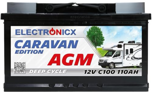 Electronicx AGM Caravan Edition batteria di alimentazione 12V 110Ah / 110 Ah – batteria deep cycle per camper, roulotte, solare, tempo libero, campeggio – senza manutenzione, sigillata 315×175×190 mm