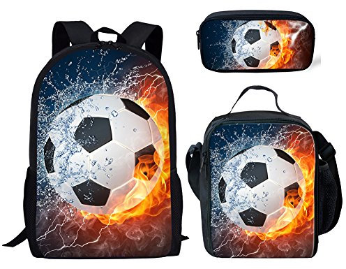 Binienty 3-in-1-Rucksack mit Lunchtasche und Federmäppchen für Kinder, Jungen, Mädchen, Schulschulranzen, Fire Soccer, Einheitsgröße,