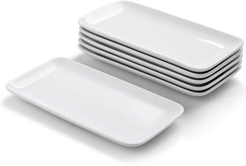 WishDeco Rectangle Plates Set of 6, Small Serving Platters L23 cm x W12 cm, White Ceramic Dinner Plates 9 inch, Serving Dishes for Starter, Dessert, Salad, Sushi, Cake