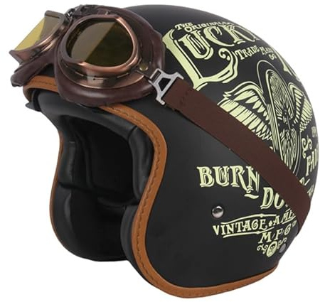 Retro Motorrad 3/4 Halbhelm Moped Pilot Helm Jethelme Mit Sonnenblende Brille Vintage Roller Jethelm Cruiser Chopper ECE/DOT Approved (Lucky 13) (61~62cm XL)
