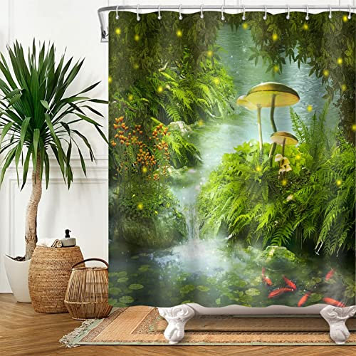 Bovlleetd Cortina de Ducha de río, Paisaje Natural, Plantas Verdes, Piedra de Hoja de Loto, Cortinas de Ducha de Hongos Grandes, Cortina Decorativa Impermeable para partición de baño