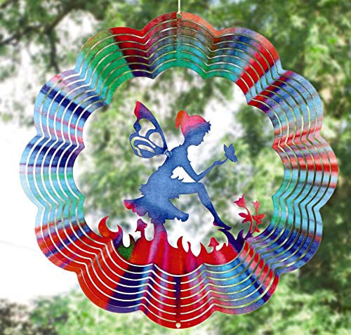 Fairy Wind Spinner – 31cm Weather Resistant Steel 3D Effect Hanging Rotating Turning Wind Sculpture - Indoor Outdoor Garden Yard Pathway Decking Patio Balcony Tree Decoration