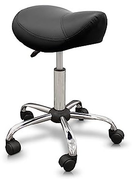QUIRUMED Taburete Tipo Pony, Ergonómico, con Base de Acero, Color Negro, Tapizado en Polipiel, Altura Regulable, Asiento Acolchado, Ruedas giratorias, hasta 150 kg