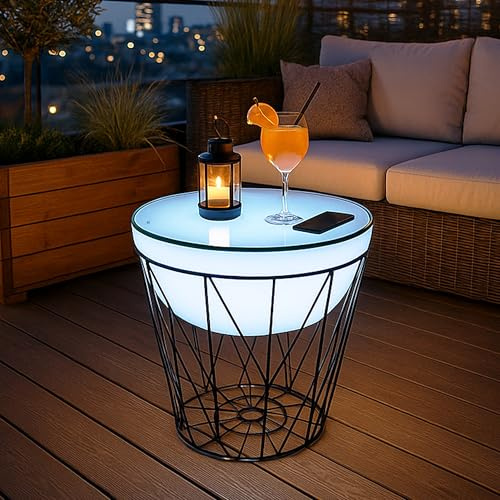 Arnusa Beistelltisch beleuchtet Couchtisch LED Korbtisch Beistelltisch rund Tisch mit Fernbedieung und Farbwechsel modern Lounge Leuchtmöbel Leuchttisch