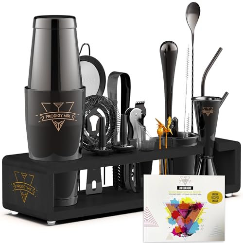 Prodigy Mix Elite Mixology Barkeeper-Kit 20-teiliges Boston Cocktail Shaker Set mit Ständer - Unzerstörbares Barzubehör, Cocktail-Bar-Set, Barkeeper-Set, Bonus-Rezeptkarten in Schwarz aus Edelstahl