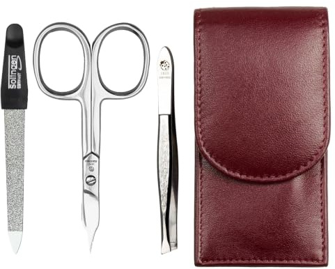 Sonnenschein by Hans Kniebes Maniküre Set 3-teilig Bordeaux – Nagelpflege Set Edelstahl rostfrei – Nagelschere, Feile & Pinzette – Echtes Nappa Lammleder Etui – Reise Manikürset kompakt