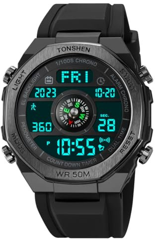 TONSHEN Herren Elektronik Kompass Outdoor Sport Uhren Digitaluhr Wasserdicht LED Multifunktional Schrittzähler Kalorien Double Zeit Alarm Militär Armbanduhr (Schwarz 2)